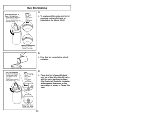 Page 26- 23 -
Open (For Emptying)Ouvert
Cerrado (Para usar)(pour vider)
Closed
(For Use)Fermé
Abierto
(Para vaciar) (pour utiliser)
Turn This Direction To
Open For EmptyingTourner dans ce sens pour
vider le bacàpoussière
Torne en esta dirección
para abrir y vaciar
LOCKEDALIGNARROWSTURNTOLOCK
LOCKEDALIGNARROWSTURNTOLOCK
4)
➢ ➢
To empty dust bin rotate dust bin lid
assembly counter-clockwise as
indicated on the lid and lift off.5)
➢ ➢
Pour dust bin contents into a trash
container.
Dust Bin Cleaning
Closed (For...