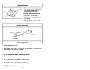 Page 28- 13 -
- 28 -
➢ ➢
When the bristles on the agitator are
worn so that they do not touch a card
held across the lower plate, the
agitator should be replaced.
➢ ➢
Remove lower plate and agitator.
➢ ➢
Clean debris from end caps.
➢ ➢
Position belt over belt pulley on the
new agitator.
➢ ➢
Reinstall agitator and lower plate.
Brush Unit
End Cap
Belt PulleyEnd Cap
CardCarte
Tarjeta
Agitator AssemblyReplacing AgitatorCleaning Exterior
➢ ➢
Unplug cord from wall outlet.
➢ ➢
Clean exterior using a clean, soft cloth...