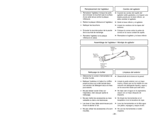 Page 29- 12 -
- 29 -Cambio del agitador
Remplacement de l’agitateur
➢ ➢
Cuando las cerdas del cepillo del
agitador estén gastadas y no toquen una
tarjeta puesta por la base inferior, se
debe cambiar el agitador.
➢ ➢
Quite la base inferior y el agitador.
➢ ➢
Limpie los residuos de los tapas del
extremo.
➢ ➢
Coloque la correa sobre la polea de
correa en la nueva unidad de cepillo.
➢ ➢
Reemplace el agitator y la base inferior.
➢Remplacer lagitateur lorsque les poils
de la brosse ne touchent pas la surface
dune...