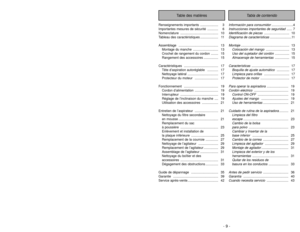 Page 9Table des matières
Tabla de contenido
Renseignements importants  .................... 3
Importantes mesures de sécurité  ............ 6
Nomenclature .......................................... 10
Tableau des caractéristiques .................... 11
Assemblage ............................................ 13
Montage du manche  ............................ 13
Crochet de rangement du cordon  ........ 15
Rangement des accessoires ................ 15
Caractéristiques ...................................... 17...