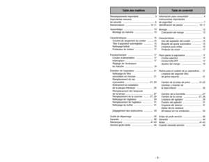 Page 9- 36 -
Información para consumidor
...................... 4
Instrucciones importantes 
de seguridad
................................................ 7
Identificación de piezas
...................... 10-11
Montaje
...................................................... 13
Colocación del mango
.......................... 13
Características
.......................................... 15
Uso del sujetador del cordón
..................15
Boquilla de ajuste automático
.............. 15
Limpieza para orillas...