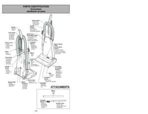 Page 10- 10 -- 35 -
Furniture
GuardPara-chocs
Protector de meubles
Hose HolderPorte-tuyau
Soporte para
la manguera
WandTube
TuboDusting
BrushBrosse à
épousseter
Cepillo para
sacudir
HandleMango Manche
Cord HookCrochet de
rangement
du cordon
Sujetador
del cordón
HoseTuyau
MangueraPower CordCordon
d’alimentation
Cordón
electricoCord HookCrochet de
rangement
du cordon
Sujetador
del cordónHandle
ScrewVis du
manche
Tornillo de
mango
Crevice
ToolSuceur
plat
Herramienta
para hendiduras
Short HoseTuyau court
Manguera...