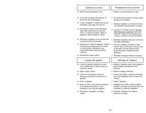 Page 27- 14 -
- 27 -
➢ ➢
Quite la correa gastada o rota.
➢
➢
Si se caen los tapas del extremo, no
pierda las dos (2) arandelas.
➢ ➢
Limpie el agitador y cambie las dos (2)
arandelas y las tapas del extremo.
➢ ➢
Envuelva la correa nueva (Panasonic
Type UB8 solamente) en el eje del
motor y la polea de cepillo, véase el
diagrama  para envolver la correa.
➢ ➢
Reinstale el agitador en las ranuras del
compartimento de la boquilla.
➢ ➢
Después de instalar el agitador, ruede a
mano para que asegure que la correa
no...