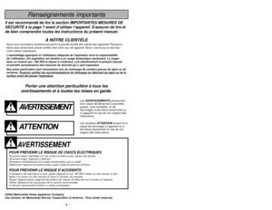 Page 4- 37 -
- 4 -
Porter une attention particulière à tous les
avertissements et à toutes les mises en garde.
AVERTISSEMENT
POUR PRÉVENIR LE RISQUE DE CHOCS ÉLECTRIQUESNe jamais utiliser l’aspirateur sur une surface humide ou pour aspirer des liquides.
Ne jamais ranger l’appareil à l’extérieur.
Remplacer immédiatement tout cordon d’alimentation usé ou éraillé.
Débrancher l’appareil de la prise secteur après usage et avant tout entretien.POUR PRÉVENIR LE RISQUE D’ACCIDENTSÀ lexception des aspirateurs à main,...