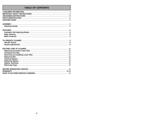 Page 8- 8 -
- 33 -
TABLE OF CONTENTS
CONSUMER INFORMATION.................................................................................................... 2
IMPORTANT SAFETY INSTRUCTIONS ...................................................................................5
GROUNDING INSTRUCTIONS................................................................................................10
PARTS...