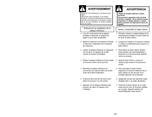 Page 29- 29 - - 20 -
1)
➢ ➢
Step on handle release pedal to
change handle position.4)
➢ ➢
Use low position for cleaning under
furniture.3)➢ ➢
Move vacuum to middle position for
normal use.2)
➢ ➢
Move vacuum to upright position for
storage and tool use.
Handle Adjustments
TO OPERATE CLEANER
ON-OFF Switch
➢ ➢
Ensure ON-OFF switch is OFF.
➢ ➢
Plug the power cord into 120V outlet.
➢ ➢
ON position turns vacuum on.
➢ ➢
OFF position turns vacuum off.
Peligro de choque eléctrico y lesión
personal.Desconecte la...