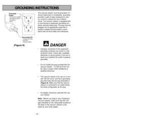 Page 10- 10 -
- 39 -
GROUNDING INSTRUCTIONS
Grounded
OutletPrise avec contact
de mise à la terre
Enchufe a
tierra
Grounding PinContact de mise
à la terre
Clavija a tierra
(Figure A)
Problème Cause possible Solution possibleL’aspirateur 1.Le cordon d’alimentation1.Brancher le cordon d’alimentation.
ne fonctionneest débranché. Mettre l’interrupteur à la position 
pas.ON.
2.L’interrupteur est à la position OFF.2.Mettre l’interrupteur à la position 
ON.
3.Le disjoncteur s’est déclenché3.Réenclencher le disjoncteur...