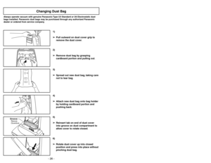 Page 26- 26 -
6)
➢ ➢
Rotate dust cover up into closed
position and press into place without
pinching dust bag.5)
➢ ➢
Reinsert tab on end of dust cover
into groove on dust compartment to
allow cover to rotate closed.
GrooveRanura
Ouverture
3)
➢ ➢
Spread out new dust bag, taking care
not to tear bag.4)
➢ ➢
Attach new dust bag onto bag holder
by holding cardboard portion and
pushing back.
Changing Dust Bag
Always operate vacuum with genuine Panasonic Type U3 Standard or U6 Electrostatic dust
bags installed....