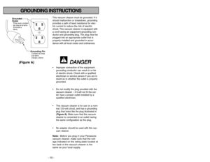 Page 10- 10 -
- 39 -
GROUNDING INSTRUCTIONS
Grounded
OutletPrise avec contact
de mise à la terre
Enchufe a
tierra
Grounding PinContact de mise
à la terre
Clavija a tierra
(Figure A)
P Pr
ro
ob
bl
lè
èm
me
eC
Ca
au
us
se
e 
 p
po
os
ss
si
ib
bl
le
eS
So
ol
lu
ut
ti
io
on
n 
 p
po
os
ss
si
ib
bl
le
eL
L’
’a
as
sp
pi
ir
ra
at
te
eu
ur
r 
 1
1.
.
Le cordon d’alimentation1 1.
.
Brancher le cordon d’alimentation.
n ne
e 
 f
fo
on
nc
ct
ti
io
on
nn
ne
e
est débranché. Mettre l’interrupteur à la position 
p pa
as
s.
....