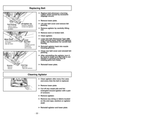 Page 32➢
Se abre automáticamente para proveer
el aire fresco al motor cuando hay unos
residuos o cuando es necesario
cambiar la bolsa de polvo.
➢Es posible que el protector del motor se
abra cuando se usan las herramientas
➢
Si se abre el protector del motor, la
aspiradora hará un sonido poquito
diferente.
Nota:No obstruye el protector de motor.
Limpieza para orillas
Nettoyage latéral
➢
Use la característica de limpieza para
orillas para aspirar con facilidad cerca
de las paredes y los muebles.
➢Cette...