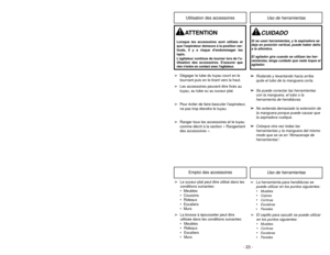 Page 23- 26 -
6)
➢ ➢
Rotate dust cover up into closed
position and press into place without
pinching dust bag.5)
➢ ➢
Reinsert tab on end of dust cover
into groove on dust compartment to
allow cover to rotate closed.3)
➢ ➢
Spread out new dust bag, taking care
not to tear bag.4)
➢ ➢
Attach new dust bag onto bag holder
by holding cardboard portion and
pushing back.
Changing Dust Bag
Always operate vacuum cleaner with genuine Panasonic Type U3 Standard or U6 Electrostatic
dust bags installed. Panasonic dust bags...