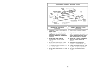 Page 35- 35 - - 14 -
Attaching Handle
ASSEMBLY
HandleMango MancheScrewTornillo
VisHoleOrificio
Orifice
Handle
ScrewTornillo
del mango Vis du
manche
1)
➢ ➢
DO NOT plug in until assembly is
complete.
➢ ➢
Remove handle screw.
➢ ➢
Insert handle.
2)
➢ ➢
Insert screw.
➢ ➢
Tighten screw.
3)
➢ ➢
Push power cord into cord clip.
4)
➢ ➢
Wrap power cord around cord hook.
➢ ➢
Secure retainer (plug head) to power
cord.
Power CordCordon
d’alimentation
Cordón
eléctricoRetainer
(Plug Head)Agrafe de
fixation de
la fiche
du...