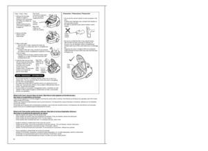 Page 12SPECIFICATIONS
SPÉCIFICATIONS
ESPECIFICACIONES
1213
MODEL NO.
POWER SOURCE
INPUT POWER (MAX)
INPUT POWER (IEC)
SUCTION POWER (MAX)
POWER SWITCH
POWER CONTROL
AUTOMATIC CORD REWIND
DUST BAG
DUST CAPACITY
CORD LENGTH
NET WEIGHT
DIMENSIONS (H x W x L)mmMC-CG301
120V, 60 Hz; (FOR PERU: 220 ~ 240V, 50 / 60 Hz) 1400 W
11 A: (FOR PERU: 1050 ~ 1250 W) - (FOR PERU: 400 W) BODY-
O
CLOTH BAG (FOR CANADA: PAPER BAG)
PAPER DUST BAG: 1.4 L        CLOTH DUST BAG: 1.2 L 5.0 m
3.3 kg
232 X 256 X 308
MODEL NO.
VOLTAJE DE...