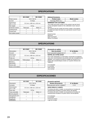 Page 2424
SPECIFICATIONS
MC-CG887MC-CG885Optional Accessory
Power source 120 V~60 Hz Product nameModel number
Current 12 AmpsDust bag (PACK 4/u.) C-18 
Dimensions
(W x L x H) 312 mm x 489 mm x 243 mm REMINDER FOR CUSTOMER
The model and serial number of this product may be found 
on the nameplate located on the underside of your vacuum 
cleaner. 
You should note the model and serial number in the spaces 
provided and retain this book as a permanent record of your 
purchase.
Model Number....