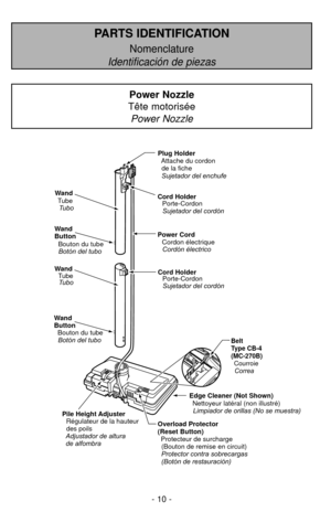 Page 10- 10 -
PARTS IDENTIFICATION
Nomenclature
Identificación de piezas
Pile Height Adjuster
Wand Cord Holder
Tubo Sujetador del cordón
Tube Porte-Cordon
Wand
Button
Botón del tubo
Bouton du tube
Wand
Button
Botón del tubo
Bouton du tube Cord Holder
Sujetador del cordón
Porte-Cordon
Wand
Tubo
Tube
Power Cord
Cordon électriqueCordón électrico
Edge Cleaner (Not Shown)Nettoyeur latéral (non illustré)Limpiador de orillas (No se muestra)
Belt
Type CB-4
(MC-270B) CourroieCorrea
Overload Protector
(Reset Button)...