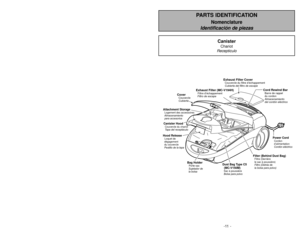 Page 11- 46 -
-11 -
Attachment StorageAlmacenamientopara accesorios Logement des accessoiresCanister HoodTapa del receptàculo Couvercle du chariotHood ReleaseLoquet de
dégagement
du couvercle
Pestillo de la tapa
Bag HolderPorte-sac
Sujetador de
la bolsa
Dust Bag Type C5 (MC-V150M)Bolsa para polvo Sac à poussière
Filter (Behind Dust Bag)Filtre (Derrière
le sac à poussière)
Filtro (Detrás de
la bolsa para polvo)
Power CordCordon
d’alimentation
Cordón eléctrico
CoverCouvercle
Cubierta
Cord Rewind BarBarre...