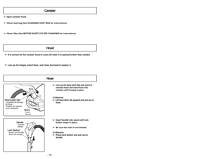 Page 16➢
➢
Line up the hose latch tab and notch incanister hood and insert hose into
canister until it snaps in place.
To Remove: 
➢ ➢  
  
 
Lift hose latch tab upward and pull up on
hose.
➢
➢ Insert handle into wand until lock
button snaps in place.
➢
➢ Be sure the hose is not twisted.
To Remove: ➢
➢ Press lock button and pull up on
handle.
NotchFente
Ranura
Hose Latch TabLanguette de blocage
du tuyau
Pestaña de sujeción
de la mangueraLock ButtonBouton de blocage
Botón del mango
HandlePoignée
Mango...