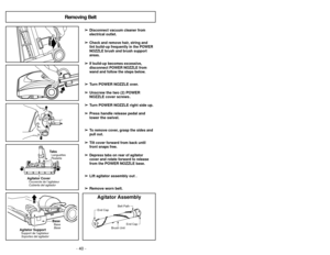 Page 40- 17 -
➢
➢
Ouvrir le couvercle du chariot.
➢
➢
Vérifier le sac à poussière (Se reporter àla section “Remplacement du sac à
poussière”).
➢ ➢
Vérifier le filtre de sécurité du moteur (Sereporter à la section “Remplacement du
filtre de sécurité du moteur).
➢
Abra la tapa del receptáculo.
➢
Cheque la funda de polvo (Vea
CAMBIAR FUNDA para
instruccíones).
➢
Cheque el filtro (Vea REEMPLAZAR
FILTRO para instruccíones).
➢ ➢
Il est normal que le couvercle du chariot
se détache lorsqu’il est ouvert plus que...