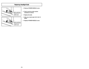 Page 46- 46 -
-11 -
Attachment StorageAlmacenamientopara accesorios Logement des accessoiresCanister HoodTapa del receptàculo Couvercle du chariotHood ReleaseLoquet de
dégagement
du couvercle
Pestillo de la tapa
Bag HolderPorte-sac
Sujetador de
la bolsa
Dust Bag Type C5 (MC-V150M)Bolsa para polvo Sac à poussière
Filter (Behind Dust Bag)Filtre (Derrière
le sac à poussière)
Filtro (Detrás de
la bolsa para polvo)
Power CordCordon
d’alimentation
Cordón eléctrico
CoverCouvercle
Cubierta
Cord Rewind BarBarre...