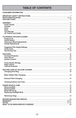 Page 2- 2 -
TABLE OF CONTENTS
CONSUMER INFORMATION........................................................................\
..................................... 4
IMPORTANT SAFETY INSTRUCTIONS ........................................................................\
.................... 7
PARTS IDENTIFICATION ........................................................................\
.....................................10-12
FEATURE CHART...