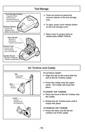 Page 18- 18 -
Latch
  Loquet
  Dispositivo 
  de retentión
Ta b
  Languette
  Pestaña
Slot
  Fente
  Ranura
Air Turbine and Caddy
TO ATTACH CADDY
➢ Align the tab on the wand with the
slot in the Air Turbine caddy.
    
➢ Press the caddy onto the upper
wand.  The caddy will snap into
place
TO INSERT AIR TURBINE
➢  Place the front of the Air Turbine into
the caddy.
➢  Rotate the Air Turbine back until it
snaps into place.
TO REMOVE AIR TURBINE
➢  Press the latch and lift the Air
Turbine out of the caddy.
CREV I
C...