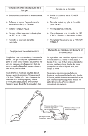 Page 51- 51 -
L’as pi ra teur crée une suc cion qui ra mas se la
sa le té. L’air qui se dé pla ce ra pi de ment trans -
por te la sa le té jusqu’au sac à pous siè re à tra -
vers les pas sa ges d’échappement d’air. Le
sac à pous siè re lais se l’air passer à tra vers,
tout en cap tant la sa le té.
Pour ob te nir de meilleurs ré sul tats de net -
toya ge, gar der le pas sa ge d’échappement
d’air li bre. Vé ri fier à l’occasion les en droits
mar qués d’un as té ris que pour y re le ver
d’éven tuel les obs truc...