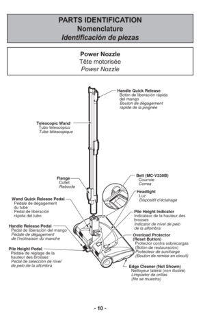 Page 10- 10 -
Pile Height Pedal
  Pédale de réglage de la
  hauteur des brosses
  Pedal de selección de nivel
  de pelo de la alfombraHandle Release Pedal
  Pedal de liberación del mango
  Pédale de dégagement
  de l’inclinaison du manche Wand Quick Release Pedal
  Pédale de dégagement
  du tube
  Pedal de liberación
  rápida del tubo
Flange
  Collet
  Reborde
Edge Cleaner (Not Shown)
  Nettoyeur latéral (non illustré)
  Limpiador de orillas
  (No se muestra)Overload Protector 
(Reset Button)
  Protector contra...