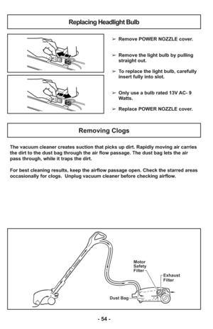 Page 54- 54 -
The vacuum cleaner creates suction that picks up dirt. Rapidly moving air carries
the dirt to the dust bag through the air flow passage. The dust bag lets the air
pass through, while it traps the dirt.
For best cleaning results, keep the airflow passage open. Check the starred areas
occasionally for clogs.  Unplug vacuum cleaner before checking airflow.
Dust Bag
AIRFLOW PASSAGE
Motor
Safety
Filter
Exhaust
Filter
Removing Clogs
➢Remove POWER NOZZLE cover.
➢Remove the light bulb by pulling
straight...