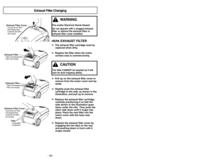 Page 36- 21 - Tuyau pivotant
➢ ➢
Le tuyau pivotant peut tourner sur lui-même
ce qui évite davoir à déplacer le chariot.
Idéal lors du nettoyage de petites surfaces.
➢ ➢
Vérifier le pivotement du tuyau avant de tirer
le chariot.
Dispositivo giratorio de la manguera
➢
El dispositivo giratorio de la manguera per-
mite que ésta gire sin necesidad de mover el
receptá culo.
➢
Asegúrese de que la manguera no esté re-
torcida antes de jalar el receptáculo.
Nettoyeur latéral
➢
Des brosses nettoyantes latérales se...