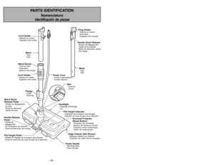 Page 10Edge Cleaner (Not Shown)Nettoyeur latéral (non illustré)Limpiador de orillas (No se muestra)
Power NozzleTête Motorisée
Power Nozzle
Wand Quick
Release PedalPédale de dégagement
du tube
Pedal de liberación
rápida del tubo
FlangeCollet
Reborde
Handle Quick ReleaseBotón de liberación rápida
del mango Bouton de dégagement
rapide de la poign eé
Wand SwivelPivot du tube
Dispositivo
giratorio del mango
BeltCourroie
Correa
Handle Release
PedalPedal de liberación del mango Pédale de
dégagement
de l’inclinaison...
