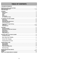 Page 8- 8 -
TABLE OF CONTENTS
- 53 -
CONSUMER INFORMATION........................................................................\
..................................... 2
IMPORTANT SAFETY INSTRUCTIONS ........................................................................\
.................... 5
PARTS IDENTIFICATION ........................................................................\
....................................10-12
FEATURE CHART...