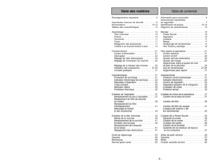 Page 9- 52 -
- 9 -
Renseignements importants   . . . . . . . . . . . . . 3
Importantes mesures de sécurité   . . . . . . . . . 6
Nomenclature  . . . . . . . . . . . . . . . . . . . 10-12
Tableau des caractéristiques  . . . . . . . . . . . 13
Assemblage   . . . . . . . . . . . . . . . . . . . . . . . 15Tête motorisée   . . . . . . . . . . . . . . . . . . . 15
Chariot . . . . . . . . . . . . . . . . . . . . . . . . . . 15
Couvercle   . . . . . . . . . . . . . . . . . . . . . . . 17
Tuyau   . . . . . . . . . . ....