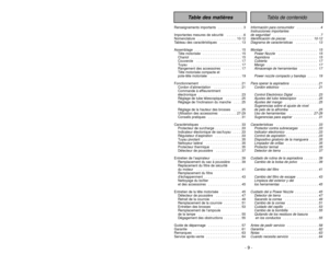 Page 9- 56 -
- 9 -
Renseignements importants   . . . . . . . . . . . . . 3
Importantes mesures de sécurité   . . . . . . . . .6
Nomenclature  . . . . . . . . . . . . . . . . . . . . 10-12
Tableau des caractéristiques  . . . . . . . . . . . 13
Assemblage  . . . . . . . . . . . . . . . . . . . . . . . . 15Tête motorisée   . . . . . . . . . . . . . . . . . . . . 15
Chariot  . . . . . . . . . . . . . . . . . . . . . . . . . . 15
Couvercle   . . . . . . . . . . . . . . . . . . . . . . . 17
Tuyau   . . . . . . . . ....