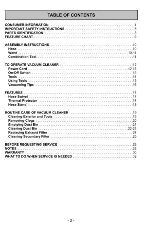 Page 2- 2 -
TABLE OF CONTENTS
CONSUMER INFORMATION . . . . . . . . . . . . . . . . . . . . . . . . . . . . . . . . . . . . . . . . . . . . . .4
IMPORTANT SAFETY INSTRUCTIONS  . . . . . . . . . . . . . . . . . . . . . . . . . . . . . . . . . . . . . .6
PARTS IDENTIFICATION  . . . . . . . . . . . . . . . . . . . . . . . . . . . . . . . . . . . . . . . . . . . . . . . . .8
FEATURE CHART  . . . . . . . . . . . . . . . . . . . . . . . . . . . . . . . . . . . . . . . . . . . . . . . . . . . . . . .9
ASSEMBLY...