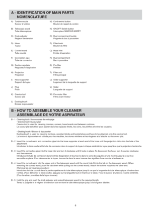 Page 6A)  Turbine nozzle
  Suceur à turbine
B)  Telescopic wand 
  Tube télescopique
C)  Knob adjuster
  Régleur d’extension
D)  Hose
  Tuyau
E)  Curved wand
  Tube courbé
F)  Connection pipe
  Tube de connexion
G)  Suction regulator
  Régulateur d’aspiration
H)  Projection
  Projection
I)  Hose supporter
  Support de tuyau
J)  Plug
  Prise
K)  Crevice tool
  Suceur plat
L)  Dusting brush
  Brosse à épousseterM)  Cord rewind button
  Bouton de rappel du cordon
N)  ON/OFF Switch button
  Interrupteur...
