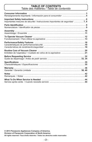 Page 2- 2 -
TABLE OF CONTENTS
Table des matières / Tabla de contenido
Consumer Information  . . . . . . . . . . . . . . . . . . . . . . . . . . . . . . . . . . . . . . . . . . . . . . . . . 3
Renseignements importants / Información para el consumidor . . . . . . . . . . . . . . . . . . . . 4
Important Safety Instructions  . . . . . . . . . . . . . . . . . . . . . . . . . . . . . . . . . . . . . . . . . . . . 6
Importantes mesures de sécurité / Instrucciones importantes de seguridad . . . . . . . . 7, 8
Parts...