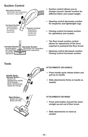 Page 16ATTACHMENTS ON HANDLE
➢Press handle quick release button and
pull up on handle.
➢Slide attachments firmly on handle as
needed.
ATTACHMENTS ON WAND
➢Press wand button and pull the wand
straight up and out of floor brush. 
➢Slide attachments on wand as
needed.
Handle Quick
Release Button
Bouton de
dégagement rapide
de la poignée
Botón de liberación
rápida del mango
Wand Button
Bouton du tube
Botón del tubo
Tools
- 16 -
Suction Control
Suction Control
Régulateur
daspiration
Control de
aspiración
Increase...