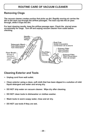 Page 20- 20 -
Pre-Filter
Préfiltre
Pre-FiltroFloor Brush
Brosse à
planchers
Cepillo para
pisos
Dust Cup
Godet à poussière
Contenedor de la basura
Primary Filter
Filtre primaire
Filtro primario
Exhaust Filter
Filtre d’évacuation
Filtro de escape Telescopic Wand
Tube télescopique
Tubo telescópicoHandle
Poignée
MangoAirflow Passage
Passage déchappement dair
Vía de flujo de aire
Removing Clogs
ROUTINE CARE OF VACUUM CLEANER
The vacuum cleaner creates suction that picks up dirt. Rapidly moving air carries the
dirt...