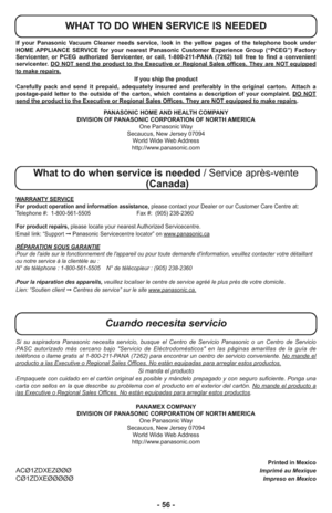 Page 56- 56 -
                                                                                                                                         Printed in MexicoACØ1ZDXEZØØØ                                                                                                                     Imprimé au MexiqueCØ1ZDXEØØØØØ                                                                                                     Impreso en Mexico PANASONIC HOME AND HEALTH COMPANY
DIVISION OF PANASONIC CORPORATION OF...