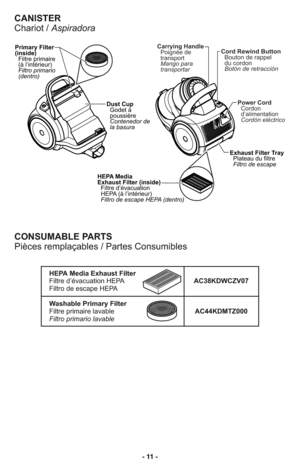 Page 11- 11 -
CONSUMABLE PARTS
Pièces remplaçables / Partes Consumibles
HEPA Media Exhaust Filter
Filtre d’évacuation HEPAAC38KDWCZV07 
Filtro de escape HEPA
Washable Primary Filter
Filtre primaire lavableAC44KDMTZ000
Filtro primario lavable
Power Cord
Cordon
d’alimentation
Cordón eléctrico
Primary Filter
(inside)
Filtro primario
(dentro) Filtre primaire
(à l’intérieur)Cord Rewind Button
Bouton de rappel
du cordon
Botón de retracciónCarrying Handle
Poignée de
transport
Mango para
transportar
Exhaust Filter...