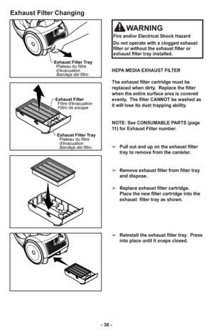 Page 36- 36 -
Exhaust Filter Changing
HEPA MEDIA EXHAUST FILTER  
The exhaust filter cartridge must be
replaced when dirty.  Replace the filter
when the entire surface area is covered
evenly.  The filter CANNOT be washed as
it will lose its dust trapping ability.
NOTE: See CONSUMABLE PARTS (page
11) for Exhaust Filter number.
➢Pull out and up on the exhaust filter
tray to remove from the canister.
➢Remove exhaust filter from filter tray
and dispose.
➢Replace exhaust filter cartridge.
Place the new filter...