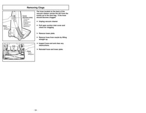 Page 34- 11 -
- 34 -
The hose located on the back of the
vacuum cleaner carries the dirt from the
nozzle up to the dust bag.  If the hose
should become clogged:
➢ ➢ Unplug vacuum cleaner.
➢
➢ Pull open suction inlet cover and
check for clogging .
➢ ➢ Remove lower plate.
➢
➢ Remove hose from nozzle by lifting
straight up .
➢ ➢ Inspect hose end and clear any
obstructions.
➢ ➢ Reinstall hose and lower plate.
Cover
(Suction Inlet)Couvercle
(entrée
daspiration)
Cubierta
(Abertura de
aspiracón)
HoseManguera Tuyau
+...