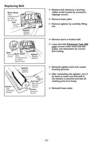 Page 30- 30 -
➢ Replace belt whenever a burning
rubber smell caused by excessive
slippage occurs.
➢ Remove lower plate.
➢ Remove agitator by carefully lifting
out.
➢ Reinstall agitator back into nozzle
housing grooves.
➢ After reinstalling the agitator, turn it
by hand to make sure that belt is
not twisted or pinched and that all
rotating parts turn freely.
➢ Reinstall lower plate.
Motor ShaftArbre
d’entraînement
du moteur
Eje del motor
AgitatorAgitateur
Agitador
BeltCourroie
Correa
Motor ShaftArbre...