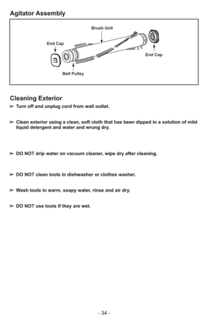Page 34- 34 -
➢ Turn off and unplug cord from wall outlet.
➢ Clean exterior using a clean, soft cloth that has been dipped in a solution of mild
liquid detergent and water and wrung dry.
➢ DO NOT drip water on vacuum cleaner, wipe dry after cleaning.
➢ DO NOT clean tools in dishwasher or clothes washer.
➢ Wash tools in warm, soapy water, rinse and air dry.
➢ DO NOT use tools if they are wet.
End Cap
End Cap
Belt PulleyBrush Unit
Agitator Assembly
Cleaning Exterior 