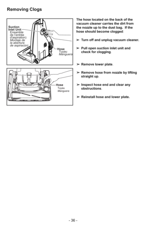 Page 36- 36 -
The hose located on the back of the
vacuum cleaner carries the dirt from
the nozzle up to the dust bag.  If the
hose should become clogged:
➢  Turn off and unplug vacuum cleaner.
➢ Pull open suction inlet unit and
check for clogging.
➢ Remove lower plate.
➢ Remove hose from nozzle by lifting
straight up.
➢ Inspect hose end and clear any
obstructions.
➢ Reinstall hose and lower plate.
Suction
Inlet Unit
Ensamble
de l’entrée
daspiration)
Montaje de
la abertura
de aspiracón)
Hose
Manguera Tuyau...