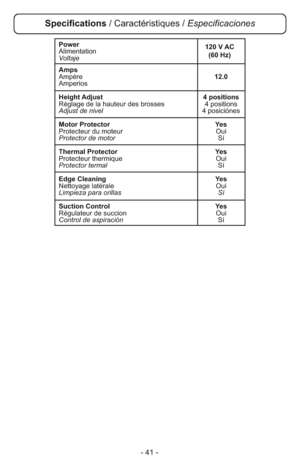 Page 41- 41 -
Power
Alimentation
Voltaje
Amps
Ampère12.0
Amperios
Height Adjust 4 positions
Réglage de la hauteur des brosses 4 positions
Adjust de nivel4 posiciónes
Motor Protector Yes
Protecteur du moteur Oui
Protector de motorSí
Thermal Protector Yes
Protecteur thermique Oui
Protector termalSí
Edge Cleaning Yes
Nettoyage latérale Oui
Limpieza para orillas Sí
Suction Control Yes
Régulateur de succion Oui
Control de aspiraciónSí120 V AC
(60 Hz)
Specifications / Caractéristiques / Especificaciones 