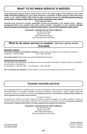 Page 48- 48 -
                                                                                                                                         Printed in MexicoAC01ZEAUZ000                                                                                                                           Imprimé au MexiqueC01ZEAU00000                                                                                                            Impreso en Mexico
Cuando necesita servicio
WHAT TO DO WHEN SERVICE IS...