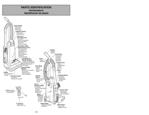 Page 12- 12 -
- 37 -
PARTS IDENTIFICATION
Nomenclature
Identificación de piezas
Furniture GuardPare-chocs
Protector de meubles
NozzleTête d’aspiration
Boquilla
Foot Rest For
Handle ReleasePedal de liberación
del mangoPédalederéglage de
linclinaison du manche
Secondary Filter
(Inside Dust Cover)Filtro secundario
(Dentro de
cubierta la bolsa) Filtre secondaire
(àl’intérieur du
logement du sac
àpoussière)
ON-OFF SwitchInterrupteur
Control On-Off
Hose HolderPorte-tuyau
Soporte de
la manguera
Dust Cover
(Dust Bag...
