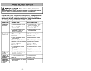 Page 42- 42 -
Instrucciones importantes de seguridad
Cuando use su aspiradora, las precauciones básicas deben seguirse siempre,
incluyendo las  siguientes:
Leatodas las instrucciones en este manual antes de armar o usar su aspiradora.
ADVERTENCIA
1. Leatodas las instrucciones en este manual antes de armar o usar su aspiradora.
2. Usesu aspiradora solamente como se describe en este manual. Use solamente con
accesorios Panasonic recomendados.
3. Desconectela fuente de electricidad antes de hacer el servicio o...