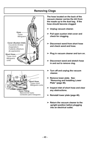 Page 48- 48 -
The hose located on the back of the
vacuum cleaner carries the dirt from
the nozzle up to the dust bag.  If the
hose should become clogged:
➢ Unplug vacuum cleaner.
➢ Pull open suction inlet cover and
check for clogging.
➢ Disconnect wand from short hose
and check wand and hose.
➢ Plug in vacuum cleaner and turn on.
➢ Disconnect wand and stretch hose
in and out to remove clog.
➢ Turn off and unplug the vacuum
cleaner.
➢ Remove lower plate.  See:
“Removing and Installing Lower
Plate” (page 40).
➢...